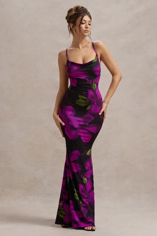 ladies-maxi-dress-zip-front-zest-Lotus | Purple Floral Print Cowl-Neck Maxi Dress