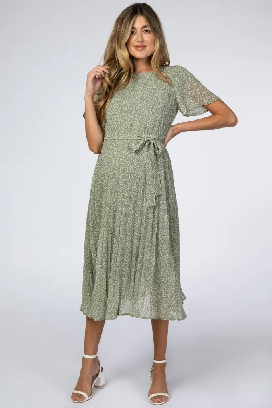 ladies-midi-dress-tall-treasure-Light Olive Leaf Print Pleated Maternity Midi Dress