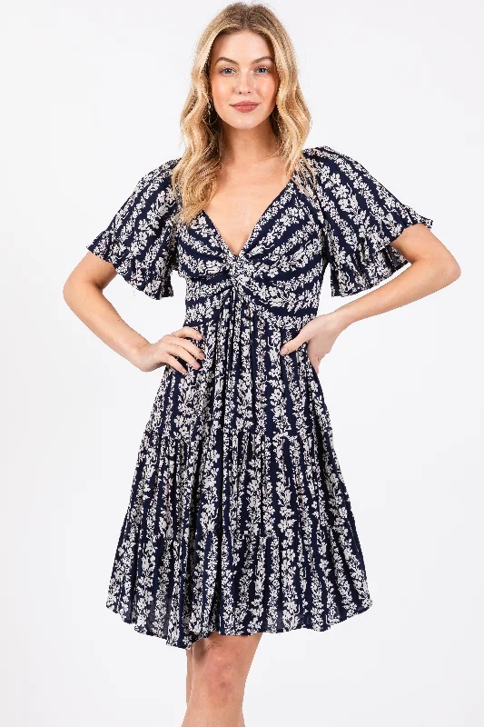 ladies-floral-dress-chartreuse-chic-Navy Blue Floral Front Knot Twist Dress