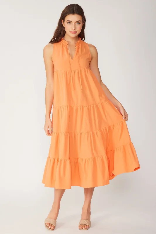 ladies-midi-dress-cerulean-charm-Tangerine Tiered Linen Blend Solid Midi Dress