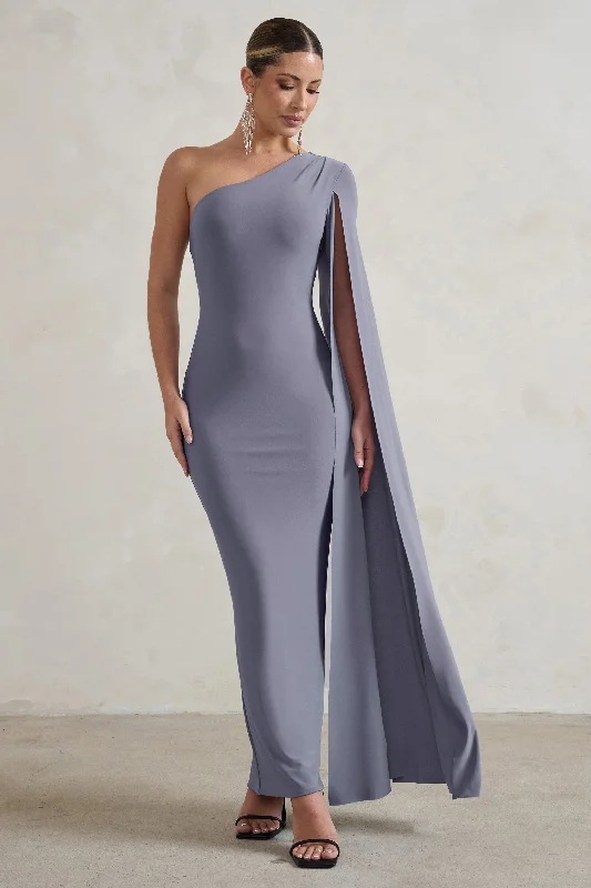 Women's bodycon dress 80s chic -Dominique | Grey One Shoulder Cape Sleeve Bodycon Maxi Dress