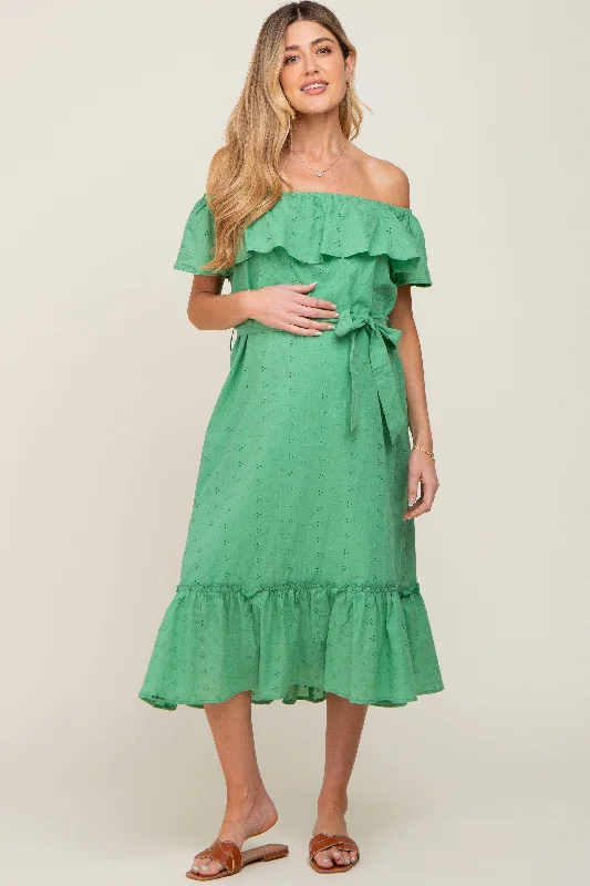 ladies-midi-dress-sand-sway-Green Eyelet Embroidered Ruffle Off Shoulder Maternity Midi Dress