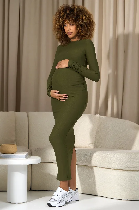 Women's bodycon dress cozy chic -Dove | Moss Green Bodycon Long-Sleeve Maternity Maxi Dress