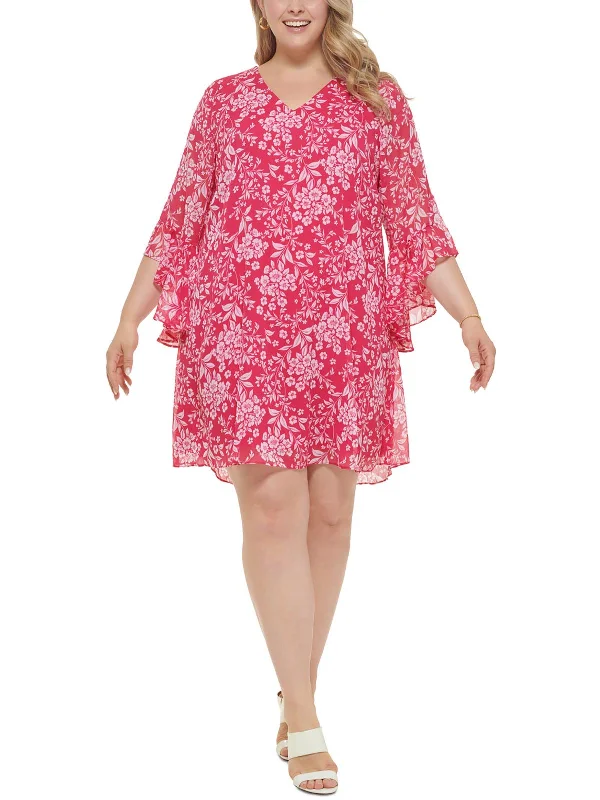 ladies-floral-dress-rich-rose-Plus Womens Floral Knee Shift Dress