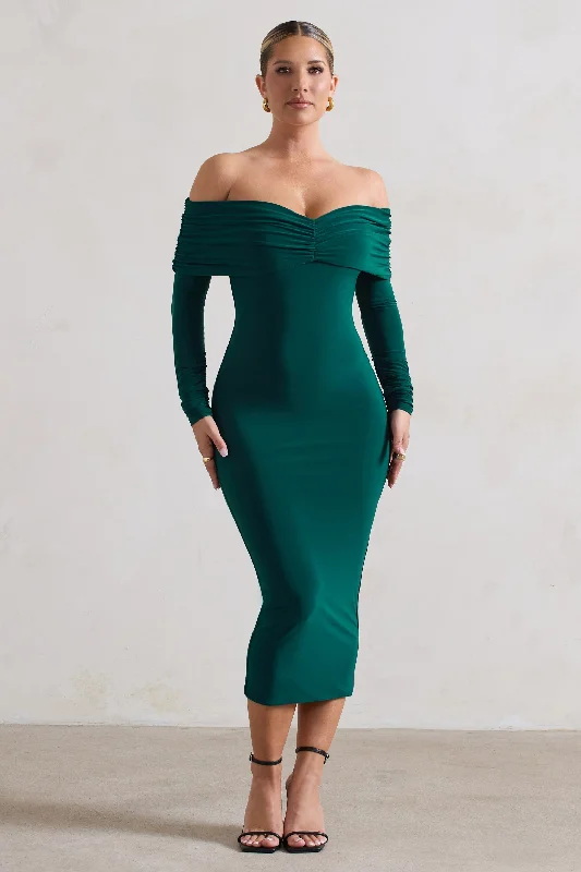 Women's bodycon dress bold pop -Marcella | Bottle Green Bodycon Bardot Midi Dress