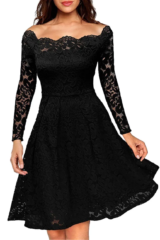 Women's mini dress cheer flair -Iyasson Vintage Lace Off Shoulder Mini Dress