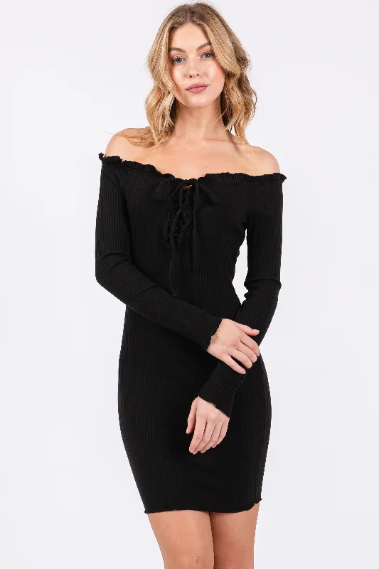 Women's mini dress punchy flair -Black Ruffle Off Shoulder Fitted Mini Dress