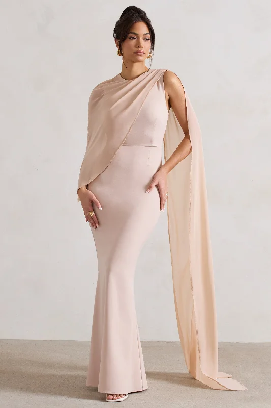 ladies-maxi-dress-fitted-fawn-Haze | Champagne High-Neck Maxi Dress With Chiffon Cape