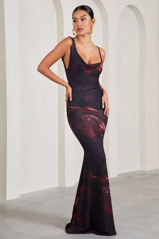 ladies-maxi-dress-plus-size-prance-Phantasy | Plum Print Asymmetric Neckline Cowl Maxi Dress