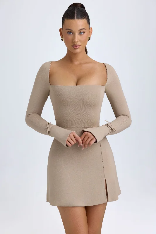 Women's mini dress shine chic -Modal Square-Neck A-Line Mini Dress in Taupe