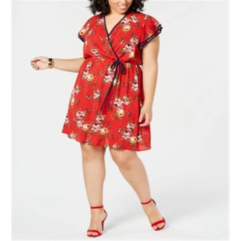 Women's party dress evening -Love Squared Women's Floral V Neck Above the Knee Party Dress Size Red Size 1X