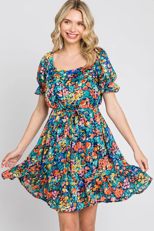 ladies-floral-dress-insta-illume-Navy Floral Chiffon Ruffle Accent Dress