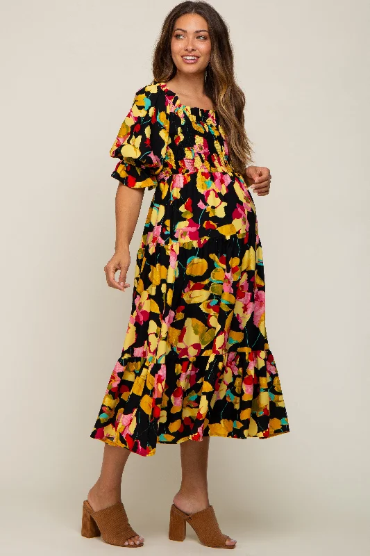 ladies-midi-dress-slit-sway-Black Floral Puff Sleeve Maternity Midi Dress