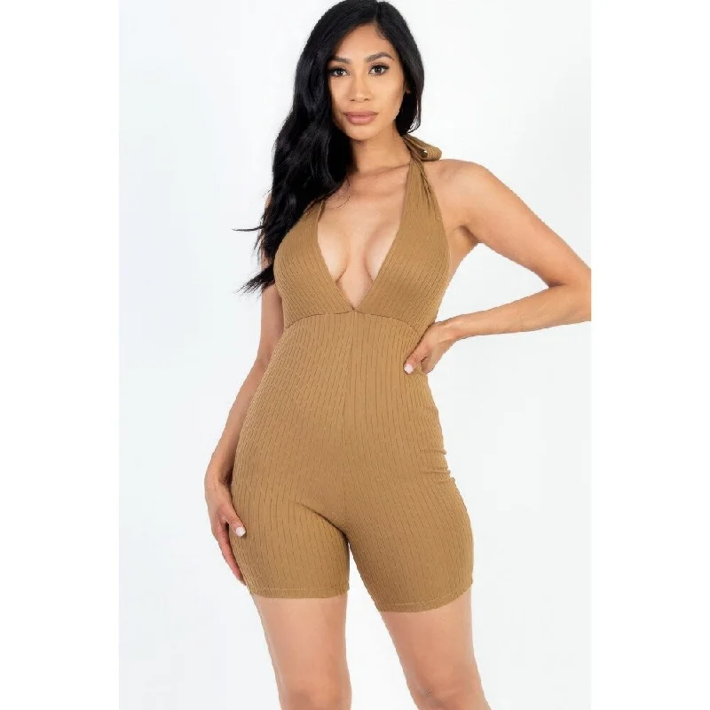 Women's bodycon dress haze glow -Casual Solid Halter V Neck Ribbed Bodycon Romper