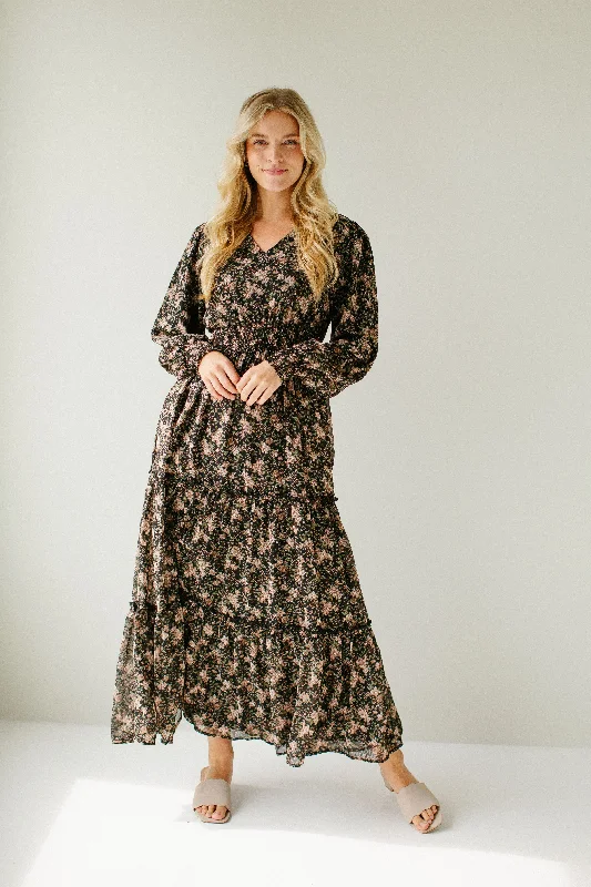 ladies-maxi-dress-low-cut-luster-'Poetry' Vintage Floral Print Chiffon Maxi Dress in Black