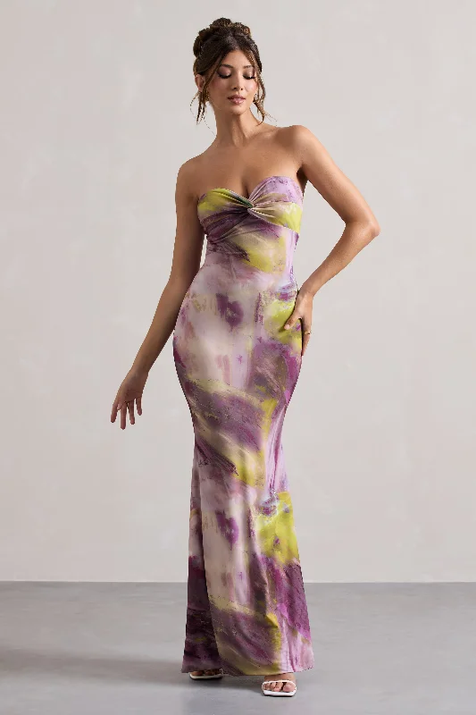 ladies-maxi-dress-date-night-dusk-Santiago | Lilac Print Strapless Twist Maxi Dress