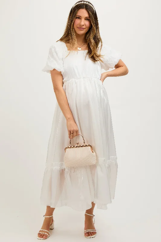 ladies-midi-dress-maternity-majesty-White Iridescent Textured Puff Sleeve Maternity Midi Dress