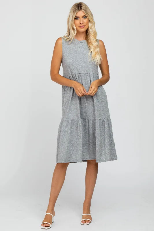 ladies-midi-dress-vermilion-vision-Heather Grey Ribbed Sleeveless Midi Dress