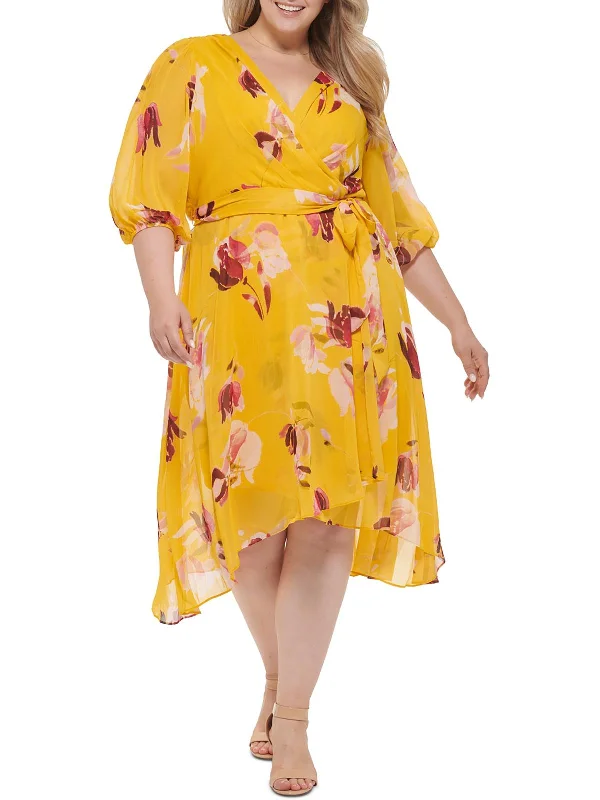 ladies-floral-dress-zip-front-zinnia-Plus Womens Chiffon Floral Wrap Dress