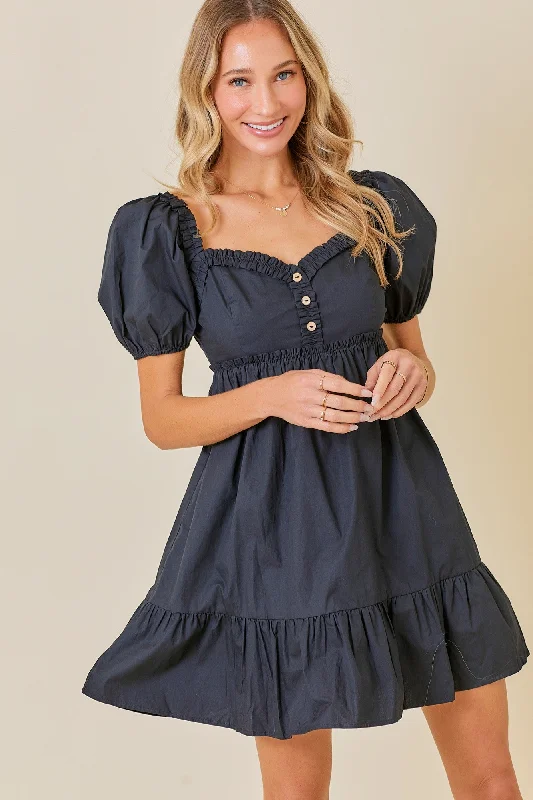 Women's mini dress pro pop -Black Puff Sleeve Ruffle Accent Mini Dress