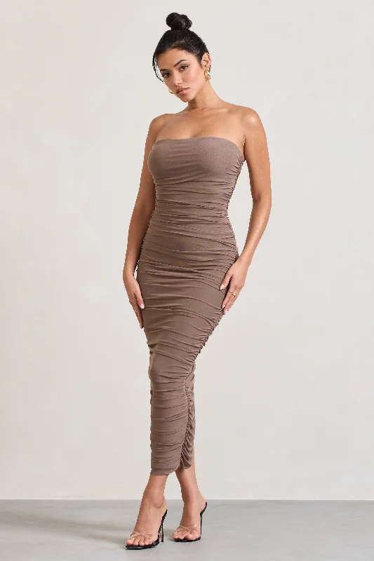 Women's bodycon dress knit pop -My Lady | Mocha Strapless Bodycon Ruched Mesh Maxi Dress