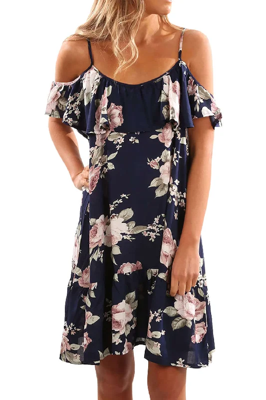 Women's mini dress dash flair -Iyasson Floral Printed Off Shoulder Ruffle Sleeves Mini Dress