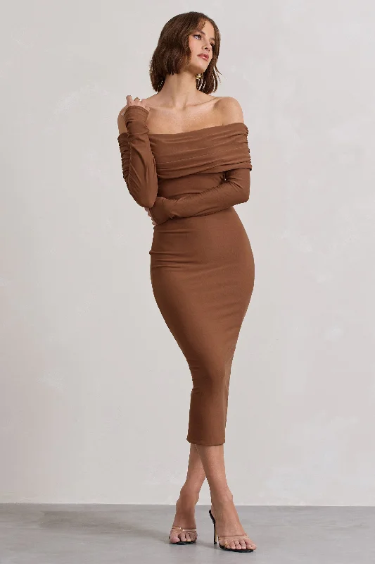 Women's bodycon dress nip flair -Intercept | Brown Bodycon Bardot Tie-Back Midi Dress