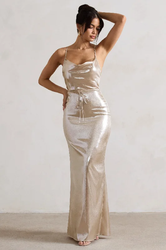 ladies-maxi-dress-autumn-amber-All In Time | Champagne Metallic Cowl-Neck Maxi Dress With Cross Back Detail