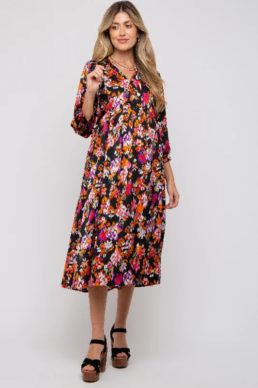 ladies-midi-dress-leather-lift-Black Floral Satin Ruffle Neck Maternity Midi Dress