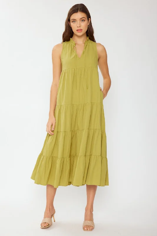 ladies-midi-dress-caramel-cascade-Green Tiered Linen Blend Solid Midi Dress