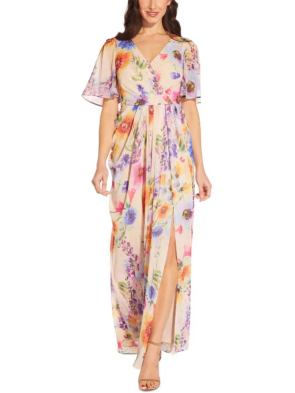 ladies-maxi-dress-padded-petal-Womens Floral Flutter Sleeve Maxi Dress