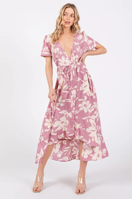 ladies-floral-dress-rich-rose-Pink Floral V Neck High Low Dress