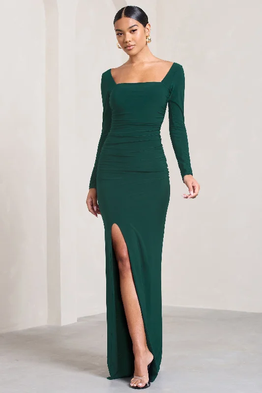 ladies-maxi-dress-plunge-poise-My Pleasure | Bottle Green Square Neck Ruched Maxi Dress