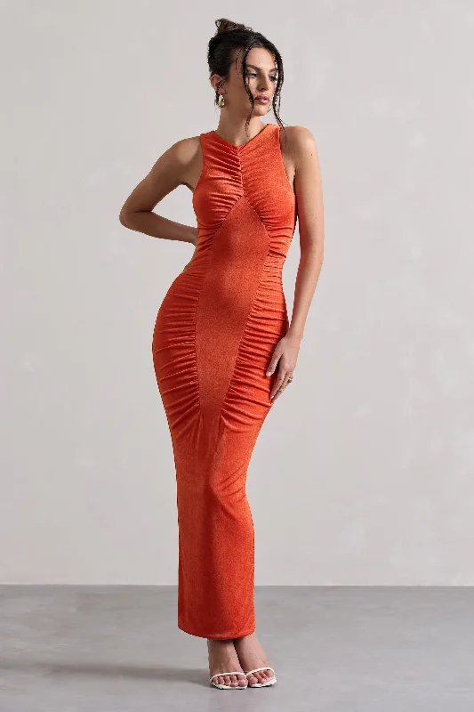 ladies-maxi-dress-chiffon-charm-Bombshell | Orange High Neck Diamond Ruched Maxi Dress