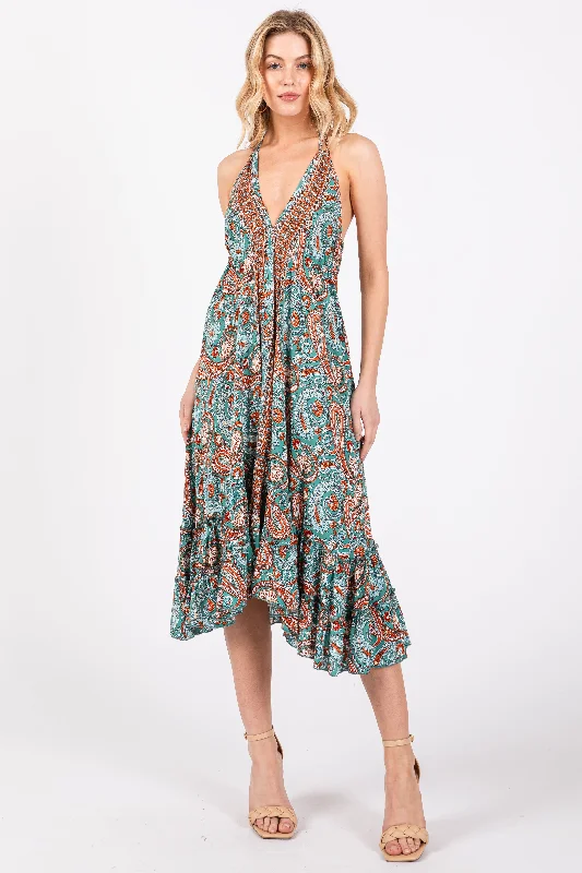 ladies-floral-dress-party-petal-Aqua Floral Paisley Cut-Out Back Halter Dress