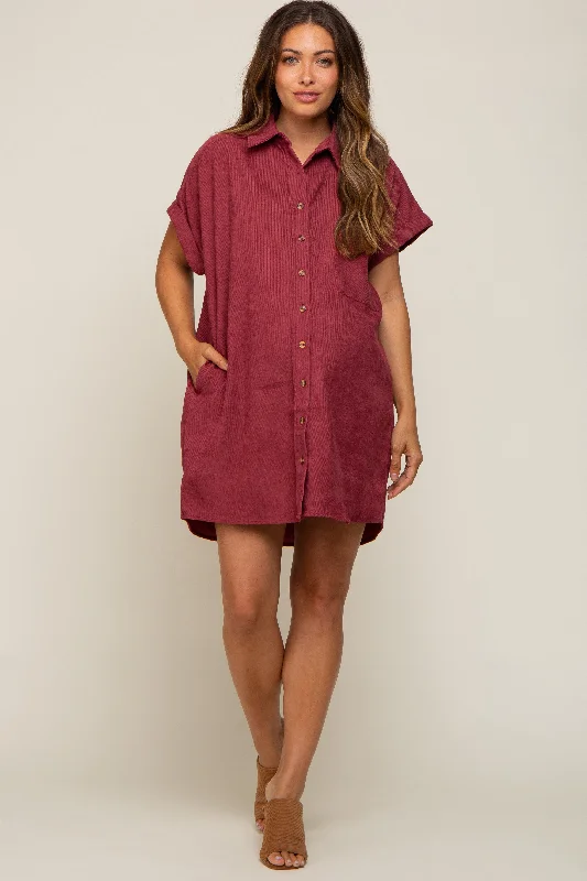 Women's mini dress frill pop -Burgundy Ribbed Button Down Maternity Mini Dress