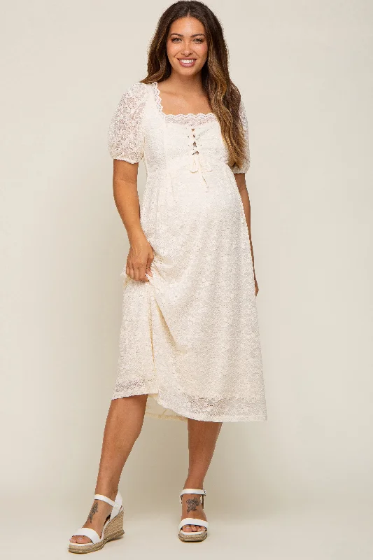 ladies-midi-dress-tiered-trend-Cream Lace Cutout Maternity Midi Dress