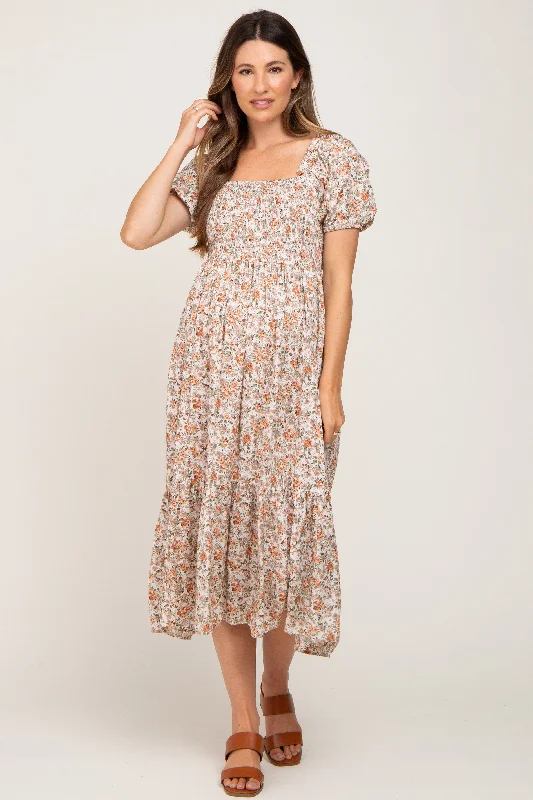 ladies-midi-dress-linen-light-Taupe Floral Smocked Puff Sleeve Maternity Midi Dress