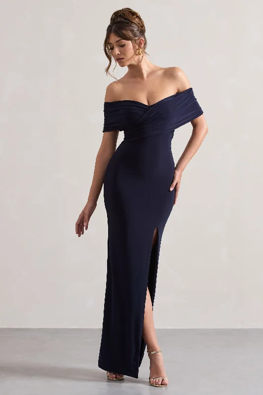 ladies-maxi-dress-flirty-fawn-Refined | Navy Twist Front Bardot Maxi Dress