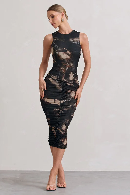 Women's bodycon dress geo pop -Antonia | Brown Print Sleeveless Ruched Bodycon Midi Dress