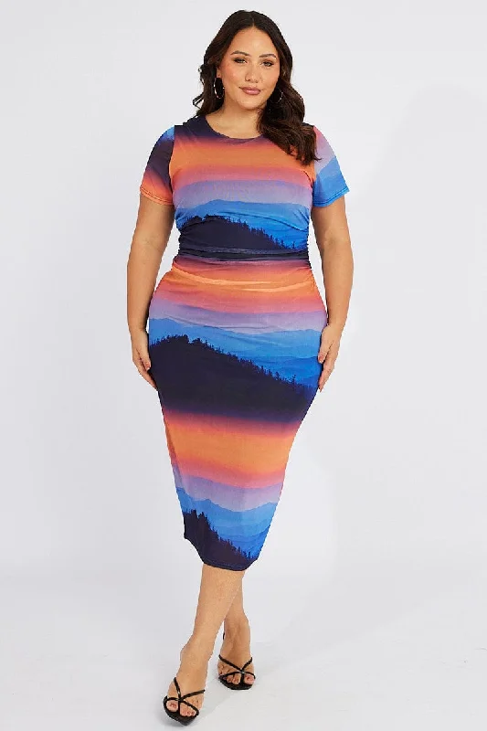 Women's bodycon dress calm flair -Multi Abstract Bodycon T-shirt Landscape Midi Dress