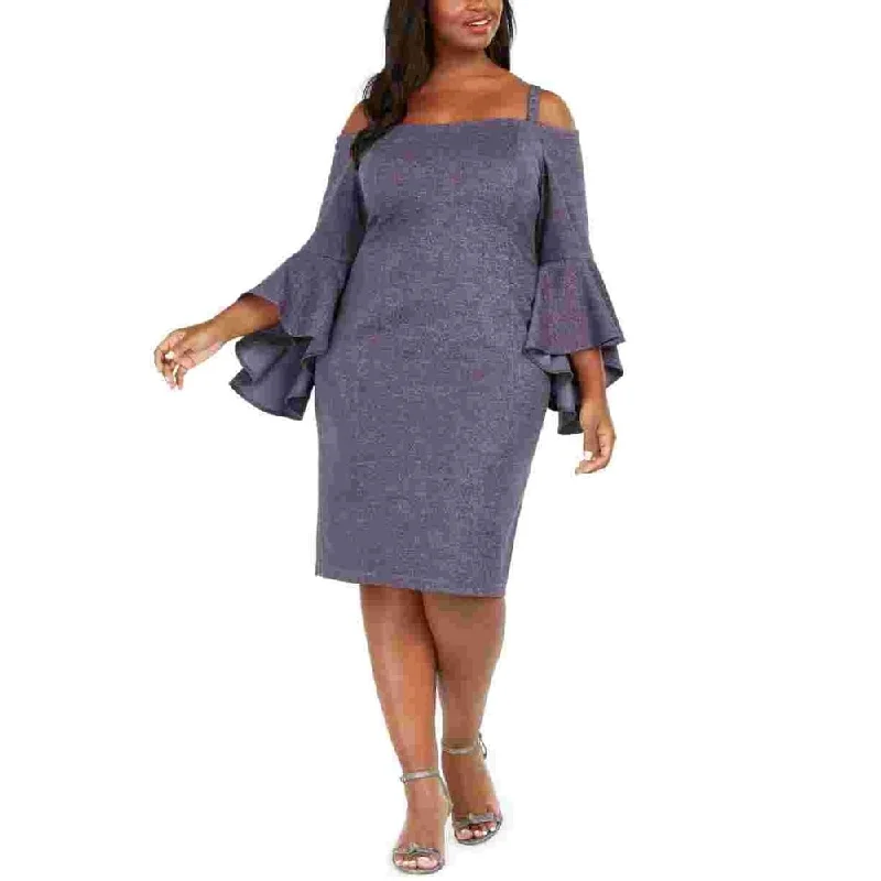 Women's party dress anniversary -R&M Richards Women's Glitter Zippered Bell Sleeve Off Shoulder Knee Length Sheath Party Dress Navy Size 22W