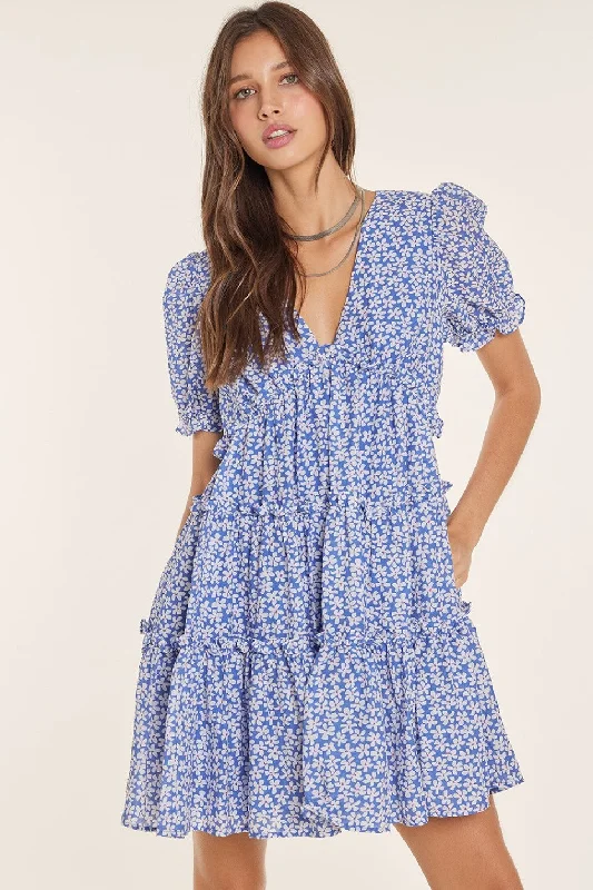 Women's mini dress glow chic -Blue Floral Puff Sleeve Babydoll Mini Dress