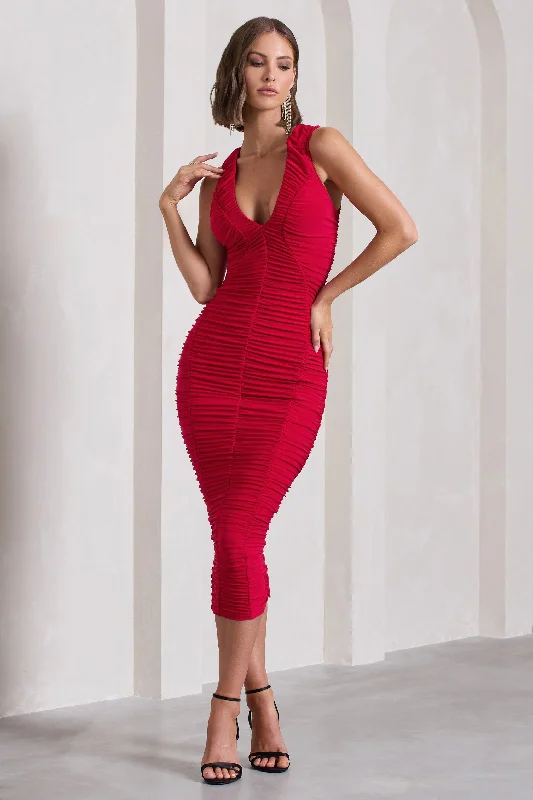 Women's bodycon dress long pop -Tempting Fate | Red Ruched Bodycon V-Neck Midi Dress