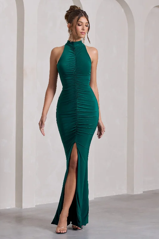 ladies-maxi-dress-smocked-sway-Memorable | Bottle Green Ruched High-Neck Split Maxi Dress