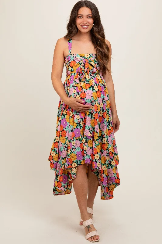 ladies-midi-dress-fuchsia-flow-Black Floral Smocked Sleeveless Maternity Midi Dress