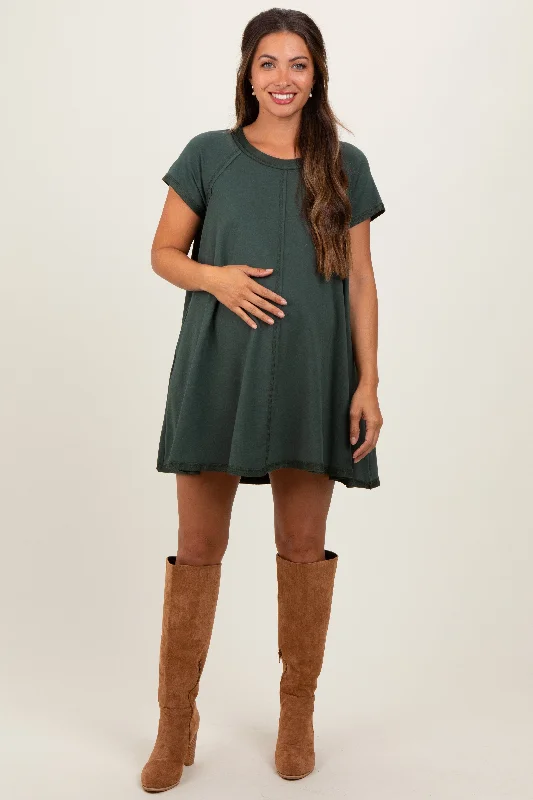 Women's mini dress frill flair -Forest Green French Terry Basic Short Sleeve Maternity Mini Dress