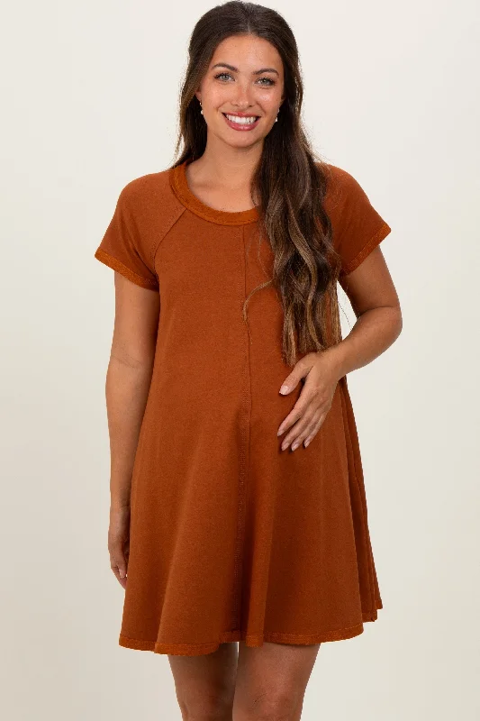 Women's mini dress pinch pop -Rust French Terry Basic Short Sleeve Maternity Mini Dress