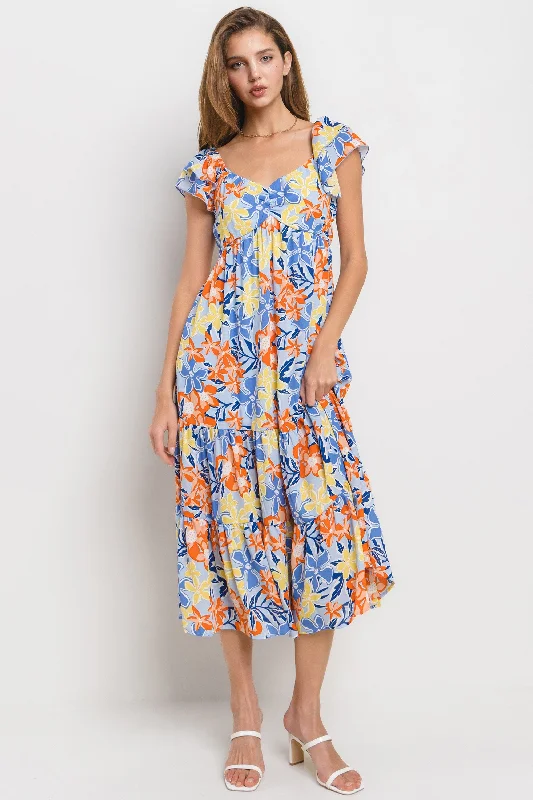 ladies-floral-dress-flared-fawn-Light Blue Floral Printed Tiered Flutter Sleeve Dress