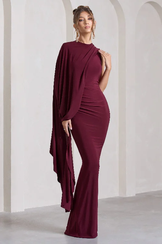 ladies-maxi-dress-ivory-illume-Unveil | Burgundy One-Sleeve Cape Maxi Dress